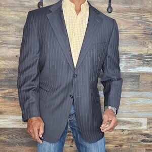 Samuelsohn Super 120's Wool Dual Vent Gray Striped Blazer Jacket 44R